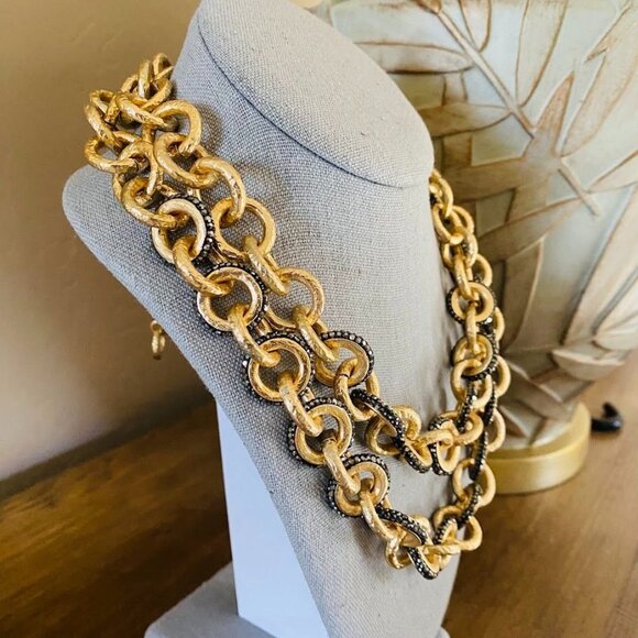 Chico’s Double Strand Textured Gold Link Necklace w/ Black Crystal Accents – 17” - Picture 4 of 5